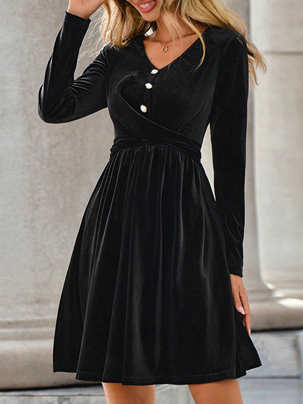 A-Line Long Sleeves Buttoned Pleated Split-Joint Velvet V-Neck Mini Dresses