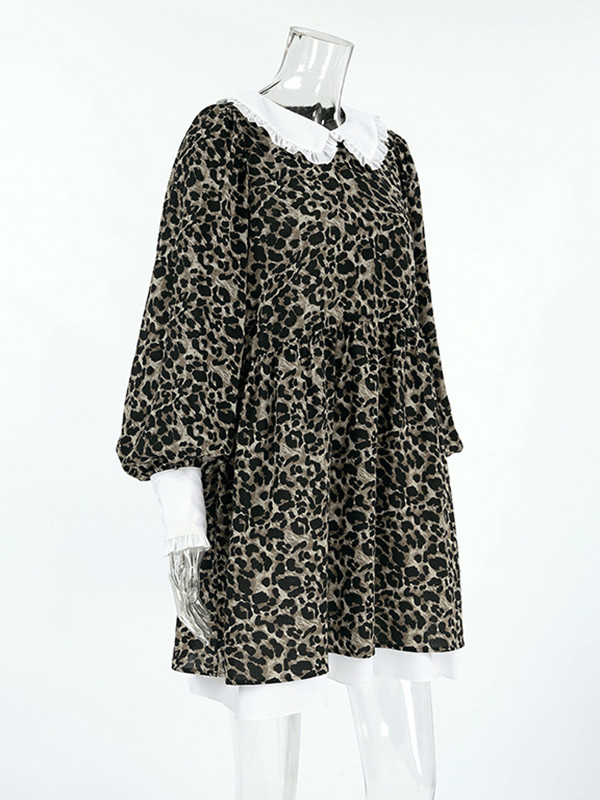 Puff Sleeves Contrast Color Falbala Leopard Split-Joint Mini Dresses