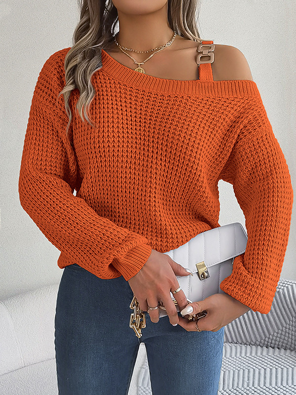 Long Sleeves Loose Asymmetric Split-Joint One-Shoulder Sweater Tops