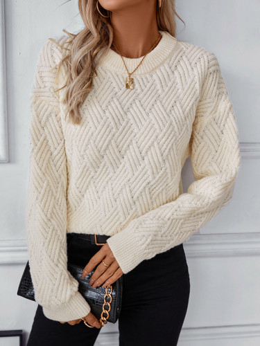Long Sleeves Loose Solid Color Split-Joint Round-Neck Pullovers Sweater Tops
