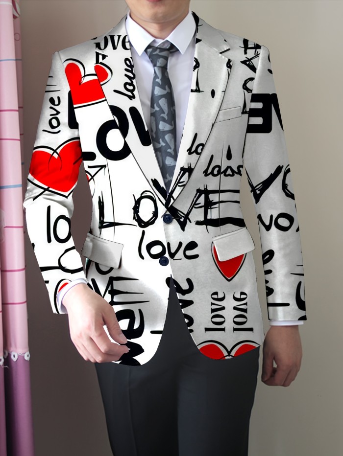 Men's Fashion Suit Jacket Polyester Blend with Elastane, Mature Lapel Style, Long Sleeve, Regular Fit, Non-Waterproof, All-Season, Love Alphabet Print, Slight Stretch Fabric - Stylish Casual Blazer for Men