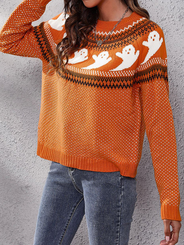 Long Sleeves Loose Contrast Color Printed Round-Neck Knitwear Pullovers Sweater Tops