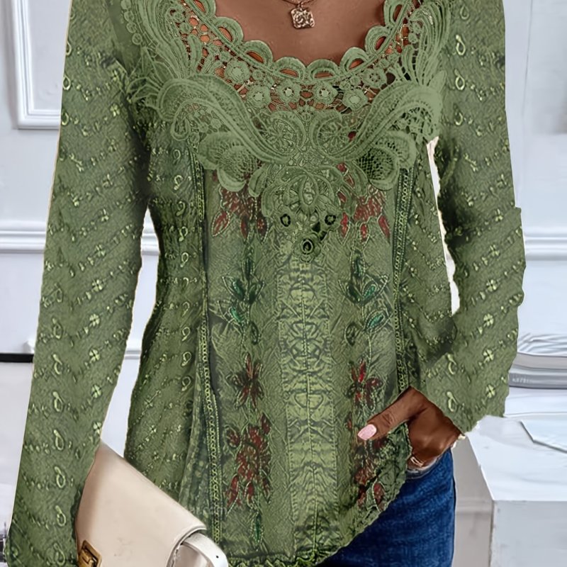 Vintage Chic Lace Splicing Long Sleeve T-Shirt - Unique Allover Print, Comfortable, Soft, and Breathable Fabric, Stylish Women's Clothing for Spring and Fall Seasons
