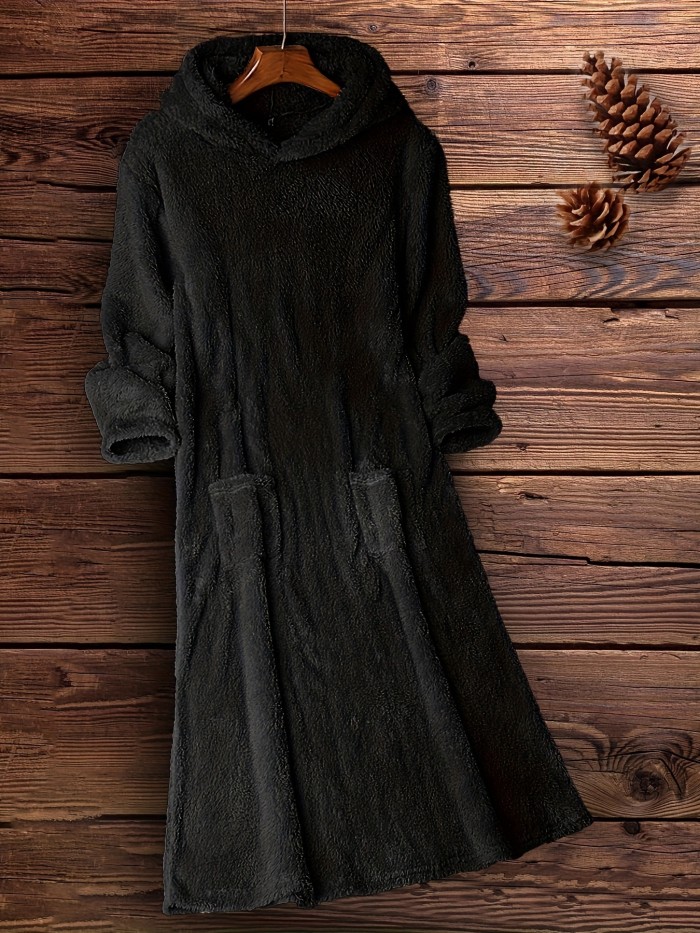 Fuzzy Hooded Midi Dress, Casual Pocket Front Solid Long Sleeve Dress, Women's Clothing