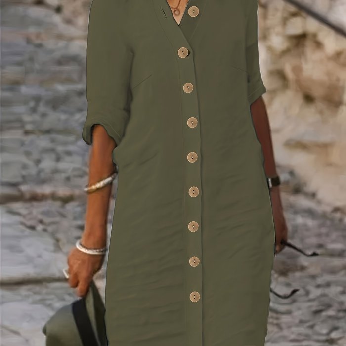 Button Front Half Sleeve Dress, Casual Solid Simple Midi Dress, Women's Clothing