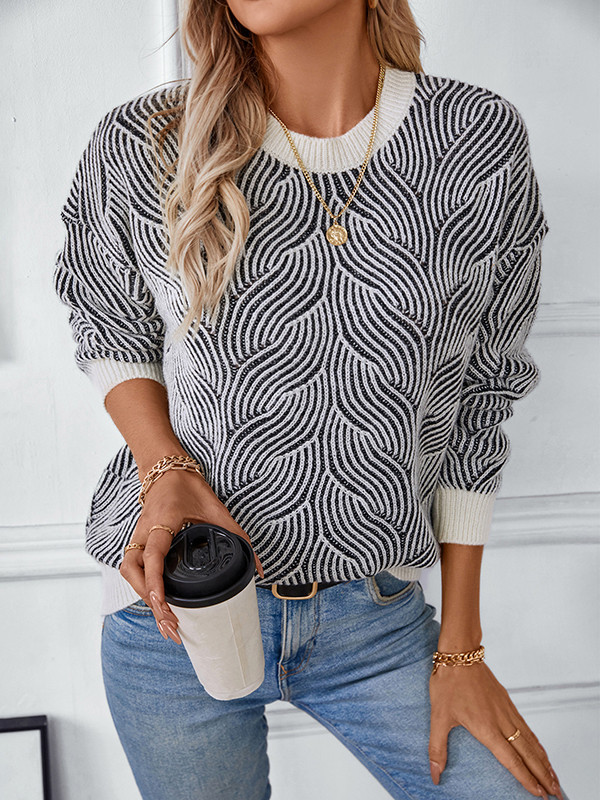 Long Sleeves Loose Contrast Color Split-Joint Round-Neck Pullovers Sweater Tops