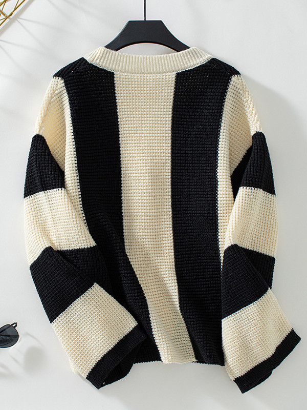 Long Sleeves Loose Buttoned Striped V-Neck Cardigan Tops