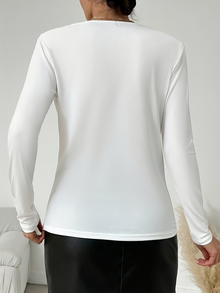 Solid Color Cowl Neck T-Shirt, Elegant Long Sleeve T-Shirt For Spring & Fall, Women's Clothing