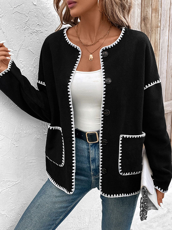 Long Sleeves Loose Buttoned Contrast Color Pockets Split-Joint Round-Neck Cardigan Tops