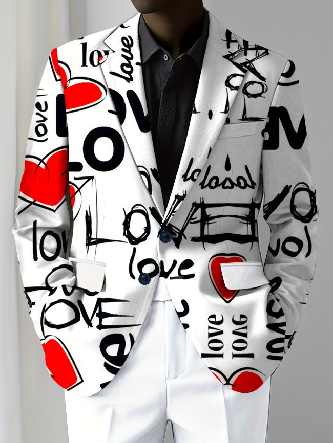 Men's Fashion Suit Jacket Polyester Blend with Elastane, Mature Lapel Style, Long Sleeve, Regular Fit, Non-Waterproof, All-Season, Love Alphabet Print, Slight Stretch Fabric - Stylish Casual Blazer for Men