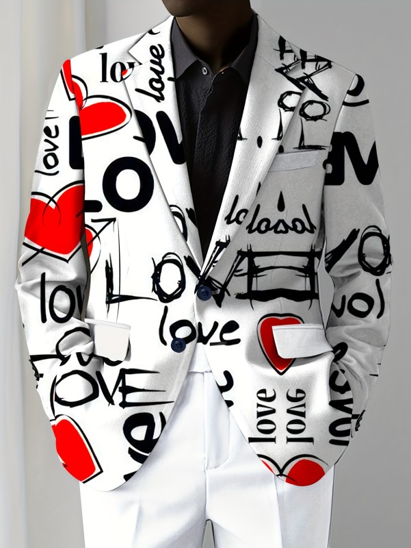 Men's Fashion Suit Jacket Polyester Blend with Elastane, Mature Lapel Style, Long Sleeve, Regular Fit, Non-Waterproof, All-Season, Love Alphabet Print, Slight Stretch Fabric - Stylish Casual Blazer for Men