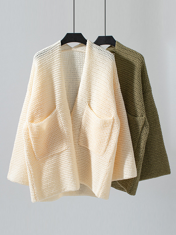 Long Sleeves Loose Pockets Solid Color Split-Joint Collarless Cardigan Tops