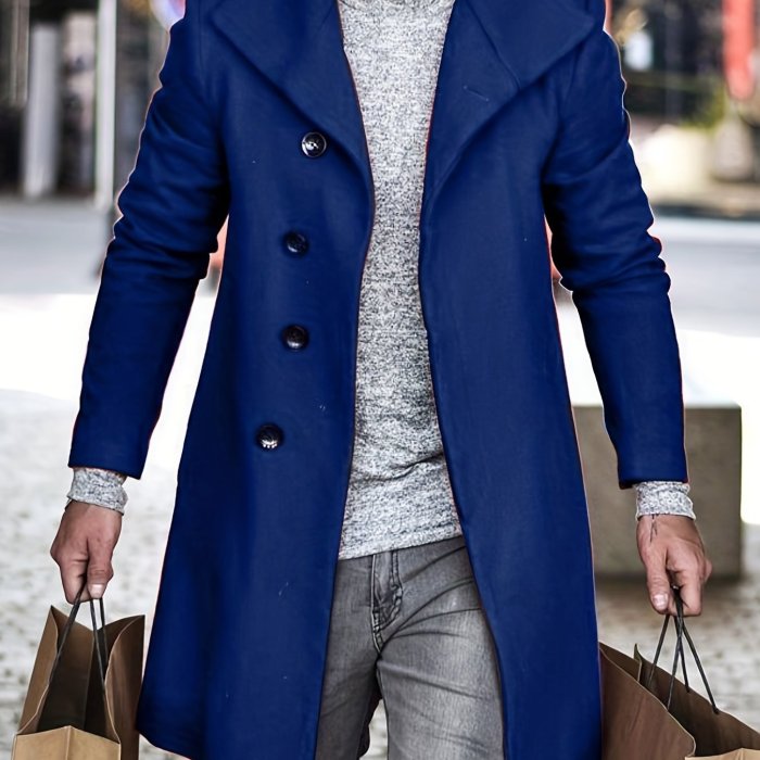 Men's Trendy Retro Solid Long Sleeve Coat Windbreaker Lapel Long Overcoat For Autumn Winter