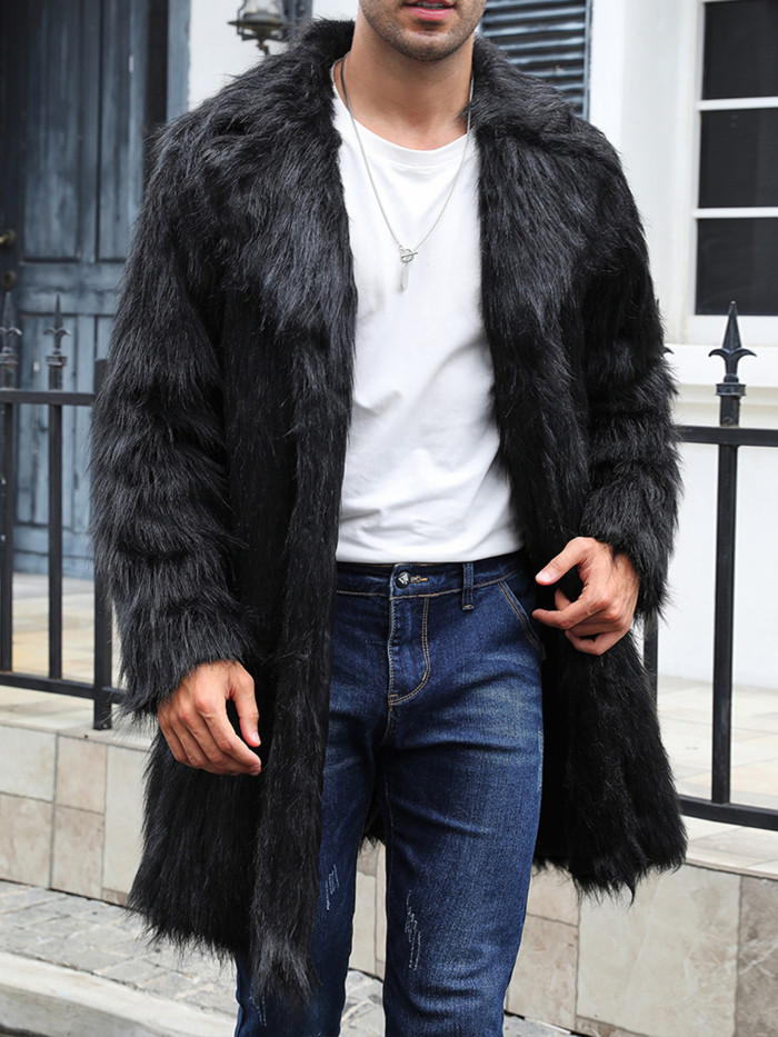 Men's Solid Color Faux-fur Coat Mature Style Winter Warm Long Sleeve Jacket Open Front Overcoat