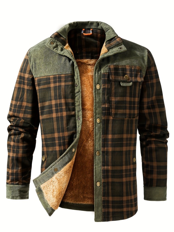 Men's Casual Retro Plaid Fleece Lined Shirt Coat For Fall Winter
