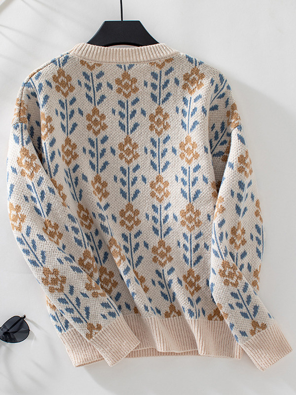Long Sleeves Loose Knitted Flower Split-Joint Round-Neck Pullovers Sweater Tops