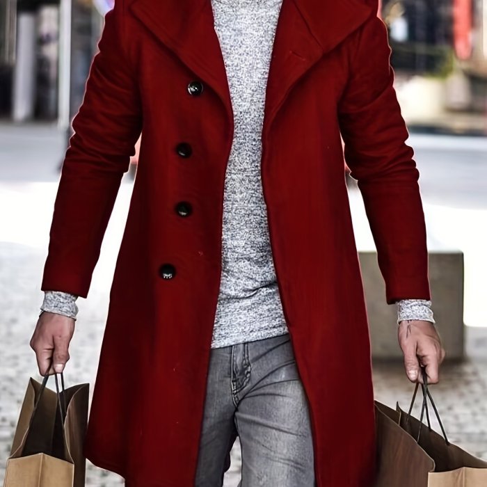 Men's Trendy Retro Solid Long Sleeve Coat Windbreaker Lapel Long Overcoat For Autumn Winter