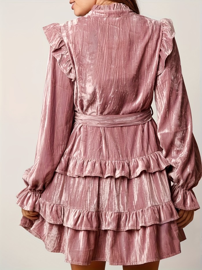 Ruffled A-line Velvet Autumn And Winter Dress, Layered Splicing Festival Long-sleeved V-neck Dress
