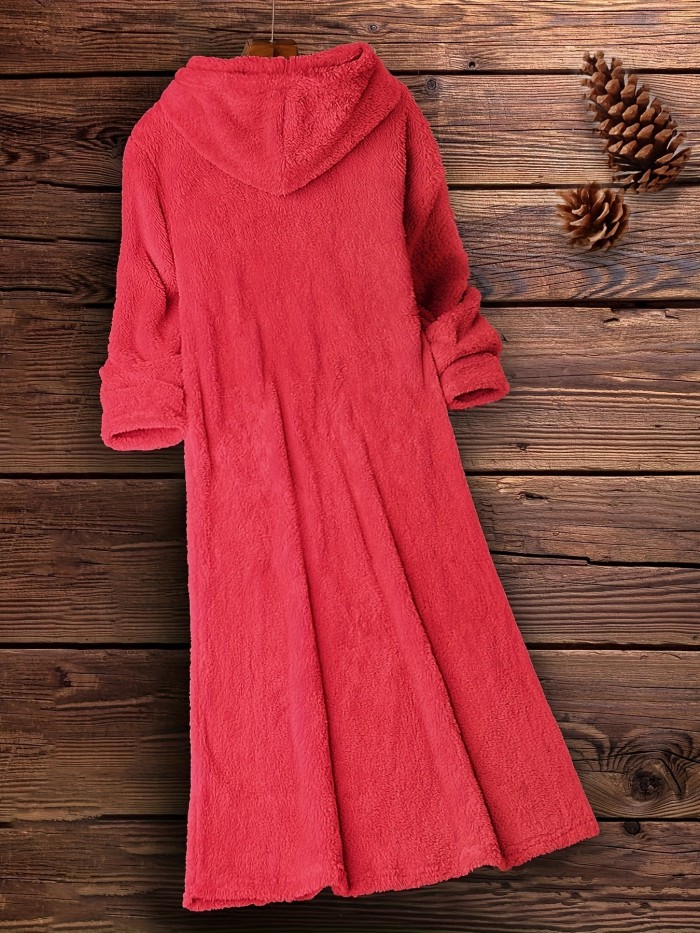 Fuzzy Hooded Midi Dress, Casual Pocket Front Solid Long Sleeve Dress, Women's Clothing