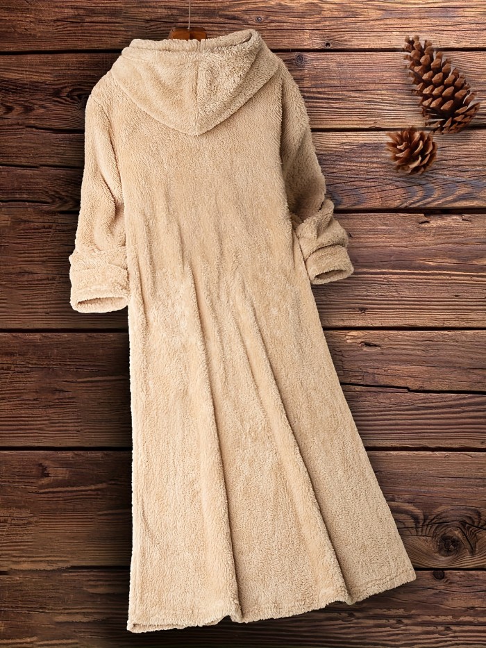 Fuzzy Hooded Midi Dress, Casual Pocket Front Solid Long Sleeve Dress, Women's Clothing