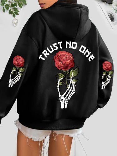 Fall\u002FWinter Women's Hoodie with Bag Kangaroo Pocket - Comfortable Long Sleeve, Rose Print, Casual, Polyester Material