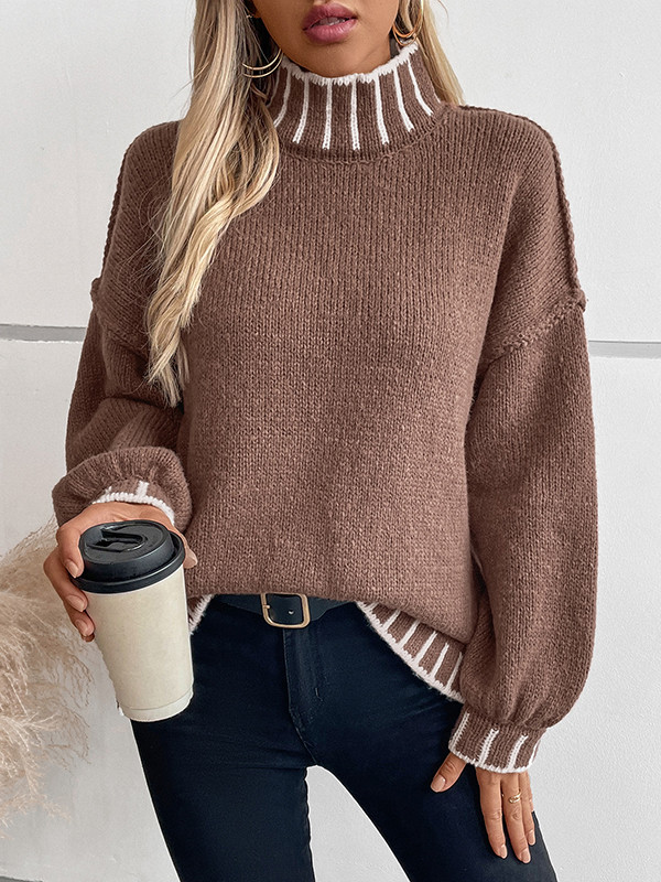 Long Sleeves Loose Contrast Color Split-Joint High Neck Pullovers Sweater Tops