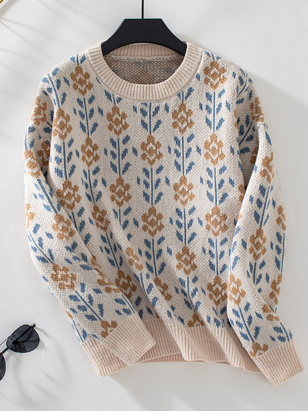 Long Sleeves Loose Knitted Flower Split-Joint Round-Neck Pullovers Sweater Tops