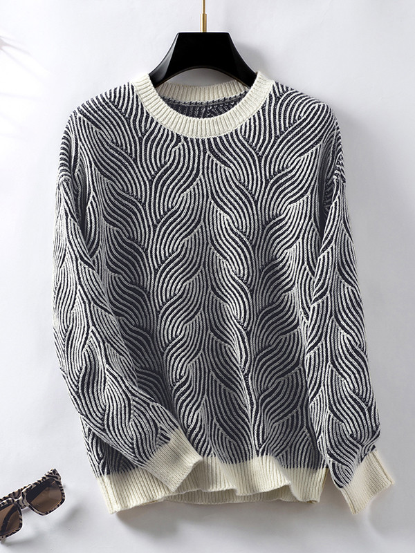 Long Sleeves Loose Contrast Color Split-Joint Round-Neck Pullovers Sweater Tops