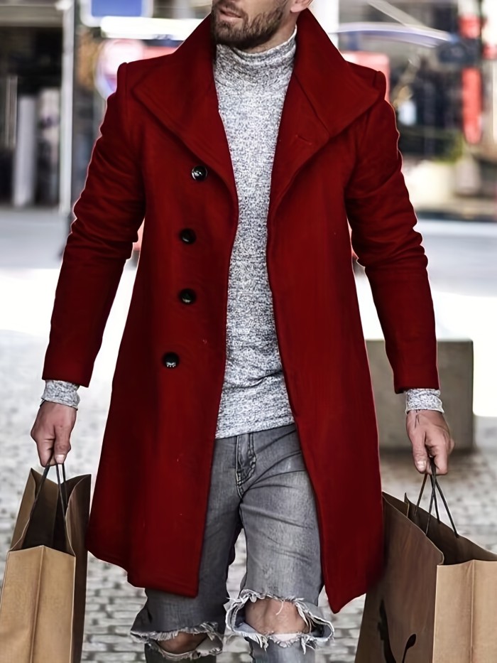 Men's Trendy Retro Solid Long Sleeve Coat Windbreaker Lapel Long Overcoat For Autumn Winter