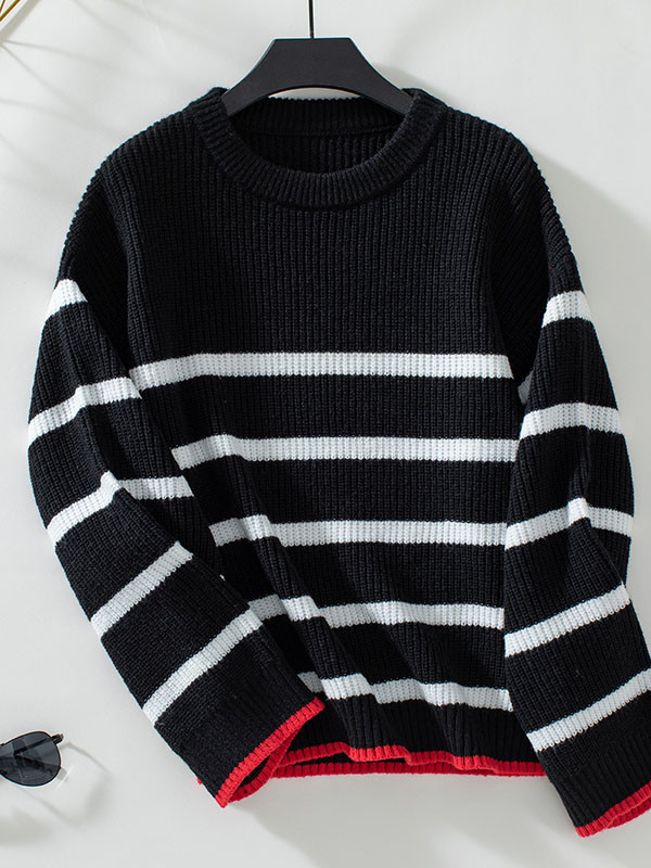 Long Sleeves Loose Contrast Color Split-Joint Striped Round-Neck Pullovers Sweater Tops