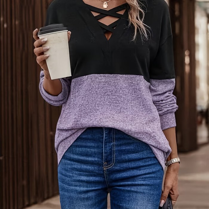Plus Size Casual T-shirt, Women's Plus Colorblock Long Sleeve Criss Cross V Neck Slight Stretch T-shirt