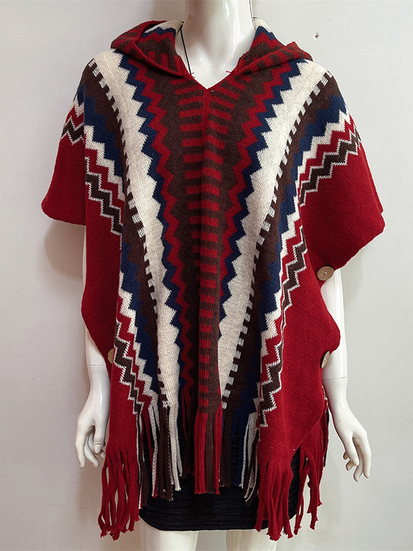 High-Low Loose Buttoned Hooded Tasseled Hooded Pullovers Sweater Tops