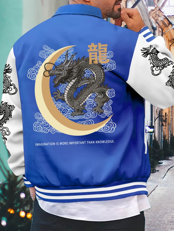 Men's Casual Baseball Collar Jacket - Polyester, Machine Washable, Random Print Design