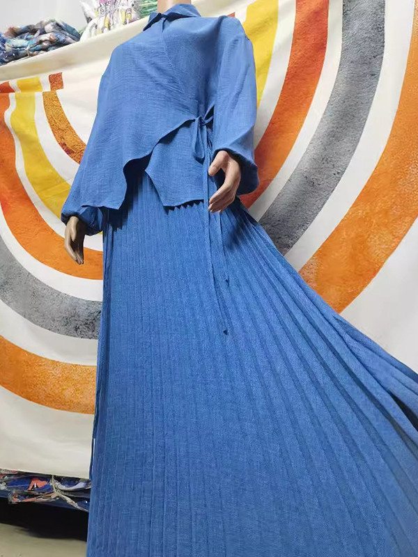 Solid Color Tied Waist Lapel Blouses Tops & Pleated Skirts Two Pieces Set