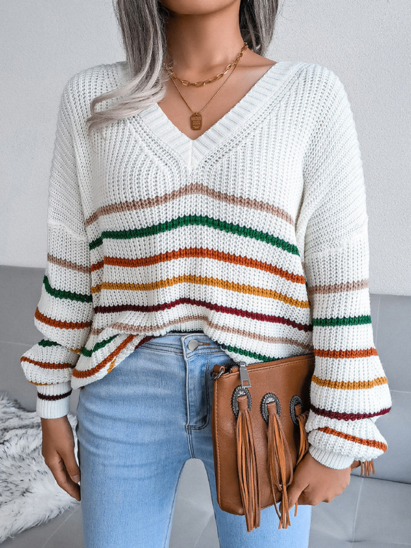 Long Sleeves Loose Contrast Color Split-Joint Striped V-Neck Pullovers Sweater Tops
