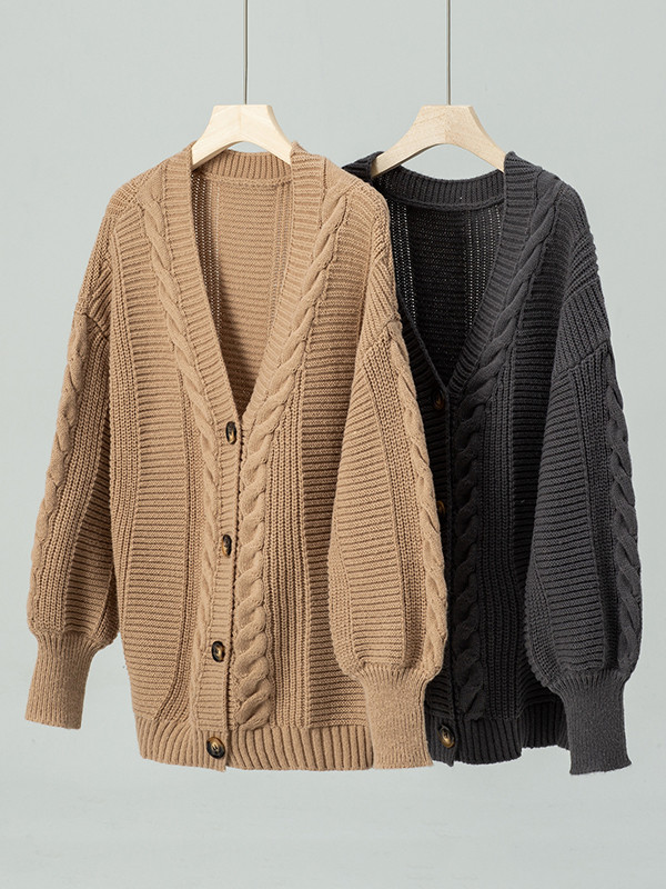 Long Sleeves Loose Buttoned Split-Joint V-Neck Cardigan Tops