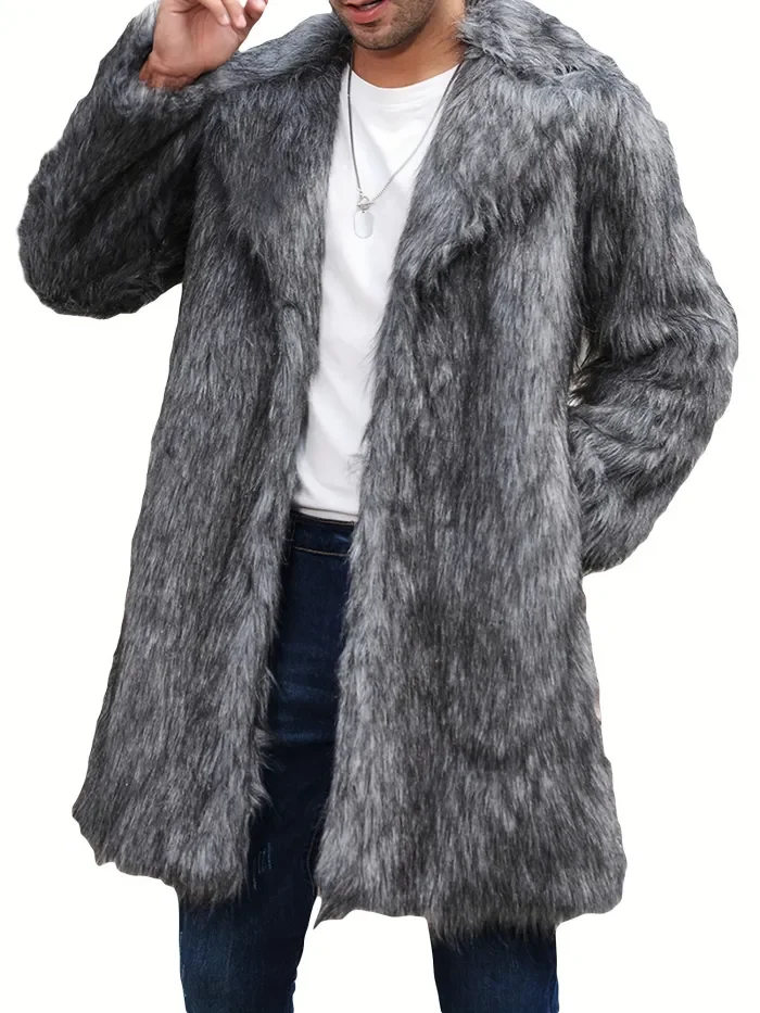 Men's Solid Color Faux-fur Coat Mature Style Winter Warm Long Sleeve Jacket Open Front Overcoat