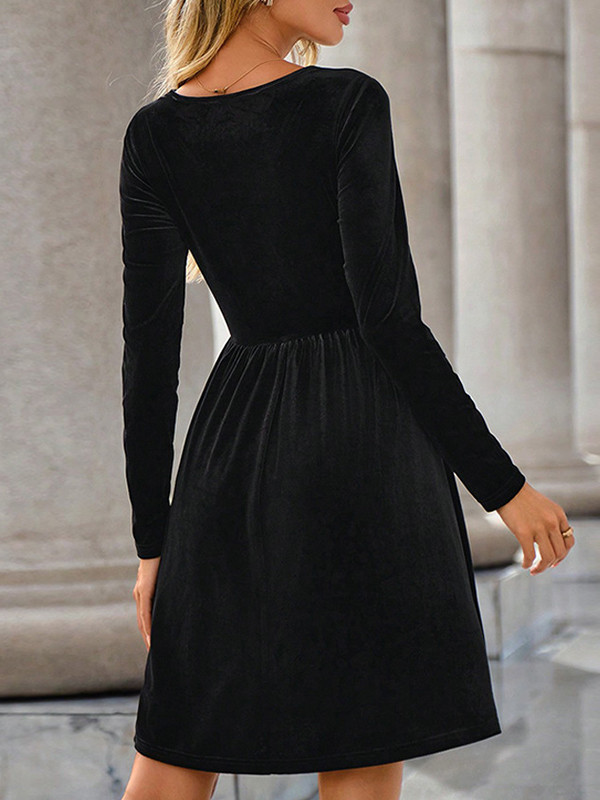 A-Line Long Sleeves Buttoned Pleated Split-Joint Velvet V-Neck Mini Dresses