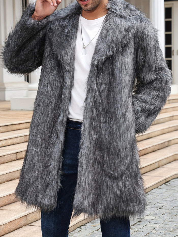 Men's Solid Color Faux-fur Coat Mature Style Winter Warm Long Sleeve Jacket Open Front Overcoat