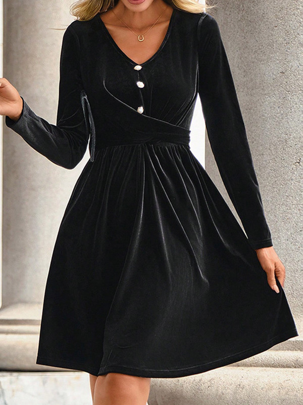 A-Line Long Sleeves Buttoned Pleated Split-Joint Velvet V-Neck Mini Dresses