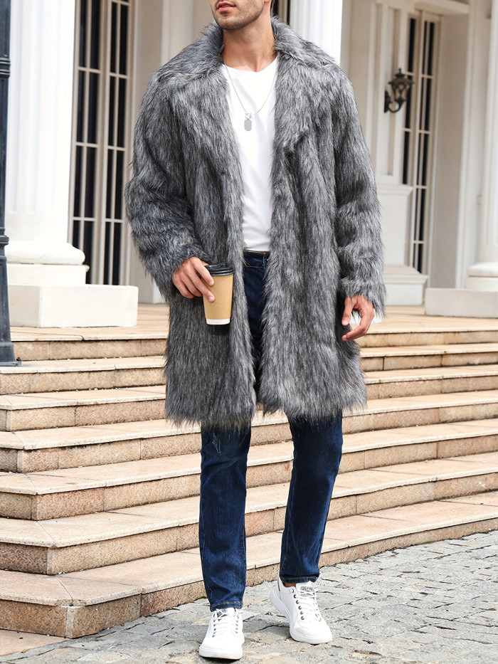 Men's Solid Color Faux-fur Coat Mature Style Winter Warm Long Sleeve Jacket Open Front Overcoat