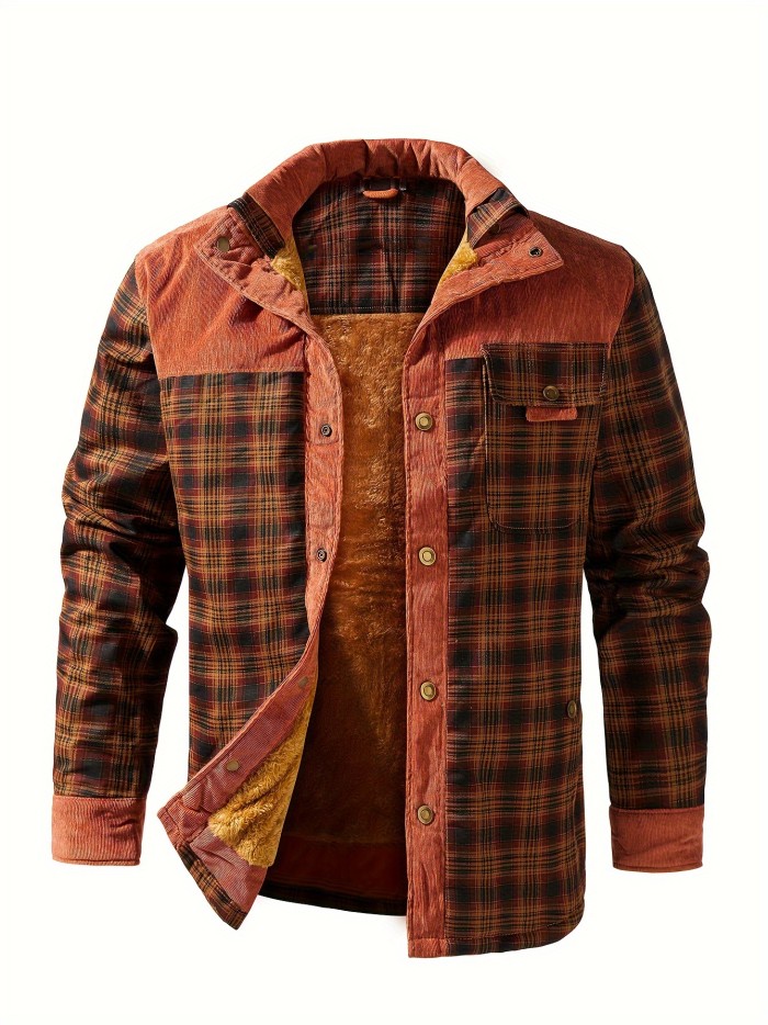 Men's Casual Retro Plaid Fleece Lined Shirt Coat For Fall Winter