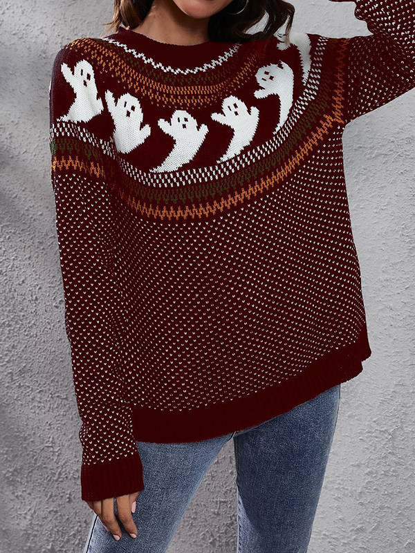 Long Sleeves Loose Contrast Color Printed Round-Neck Knitwear Pullovers Sweater Tops