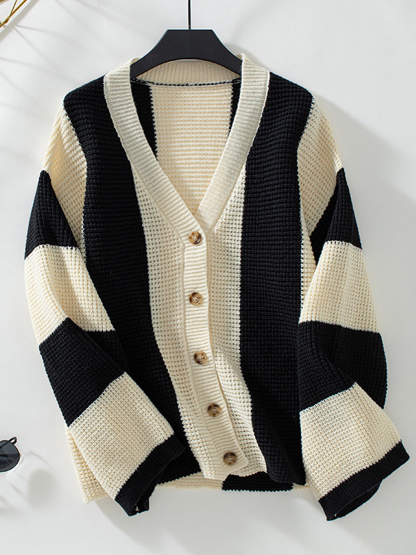 Long Sleeves Loose Buttoned Striped V-Neck Cardigan Tops