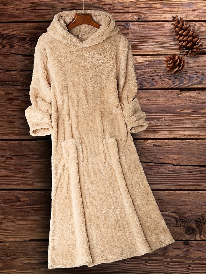 Fuzzy Hooded Midi Dress, Casual Pocket Front Solid Long Sleeve Dress, Women's Clothing
