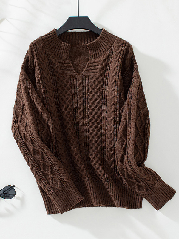 Long Sleeves Loose Solid Color Split-Joint V-Neck Pullovers Sweater Tops