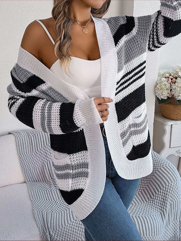 Long Sleeves Loose Contrast Color Pockets Split-Joint Striped Collarless Cardigan Tops