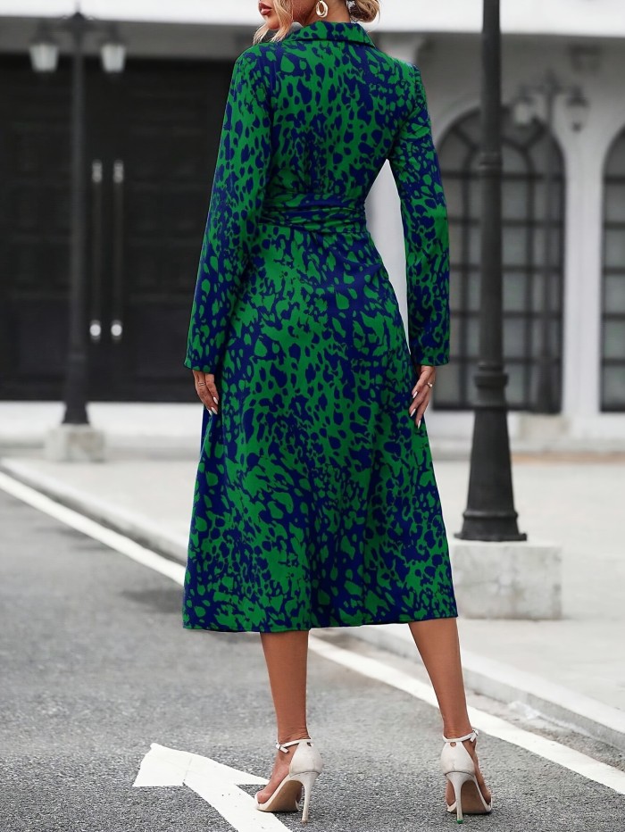 Allover Print Button Front Dress, Elegant Long Sleeve Cinched Waist A-line Dress For Spring & Fall, Women's Clothing