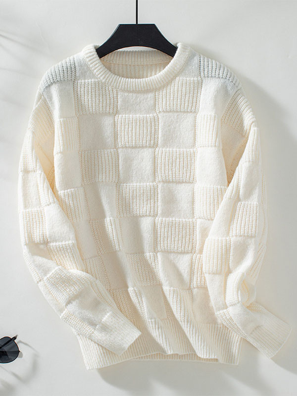 Long Sleeves Loose Solid Color Split-Joint Round-Neck Pullovers Sweater Tops