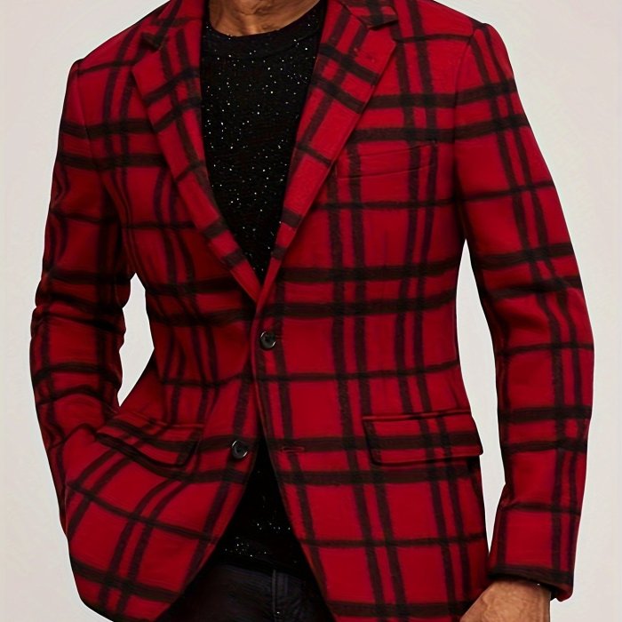 Men's Plaid Single Breasted Blazer Jacket, Fashion Tailored Fit Suit Coat With Notch Lapels For Daily Wear And Leisure Party